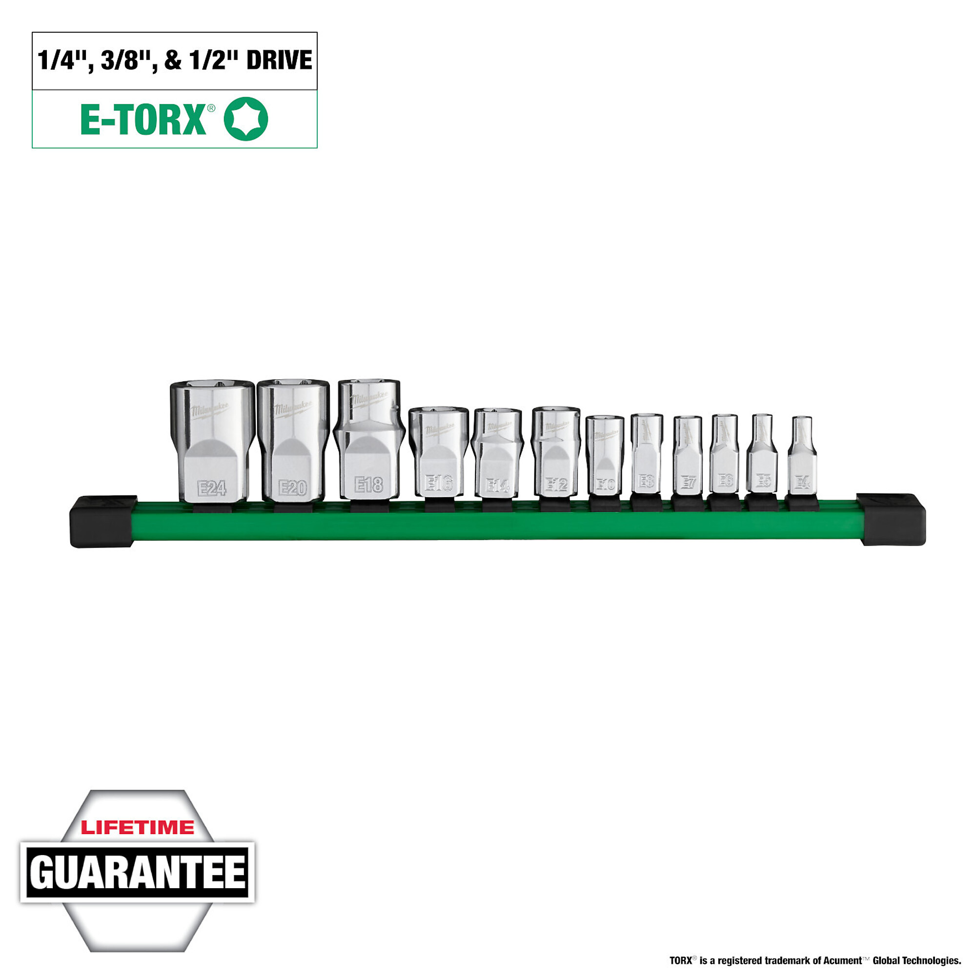 Milwaukee, 12pc 1/4”, 3/8”, 1/2” Dr External Torx Socket Set, Model# 48-22-9570